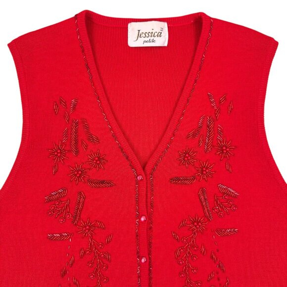 Vintage | M | Jessica | Beaded Knit Vest | Red | Cottagecore | Festive | Holiday - Picture 12 of 16